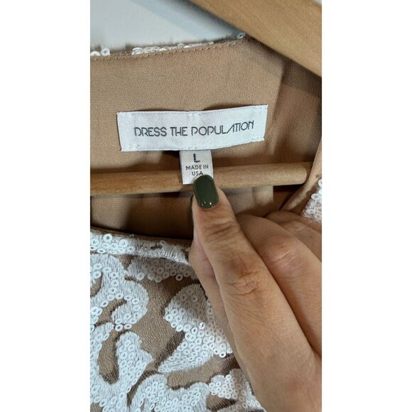 DRESS THE POPULATION Size L White Ivory Sequin Lace Mini Dress Formal - Picture 4 of 13